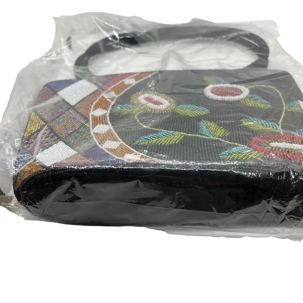 Beaded Purse Satchel Handbag Vintage Floral New with Tags Black Multicolor Retro